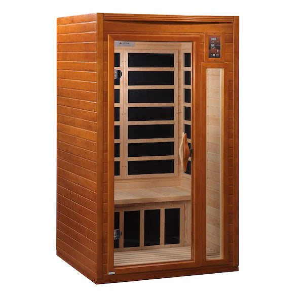 Detailed image of the wood and glass construction of the Dynamic Barcelona infrared sauna