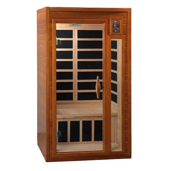 Interior view of Dynamic Barcelona 2-person infrared sauna with Canadian Hemlock construction
